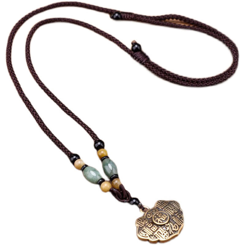 Wear FengShui Copper Brass Fu Character Luck Fortune Rope Necklace Pendant