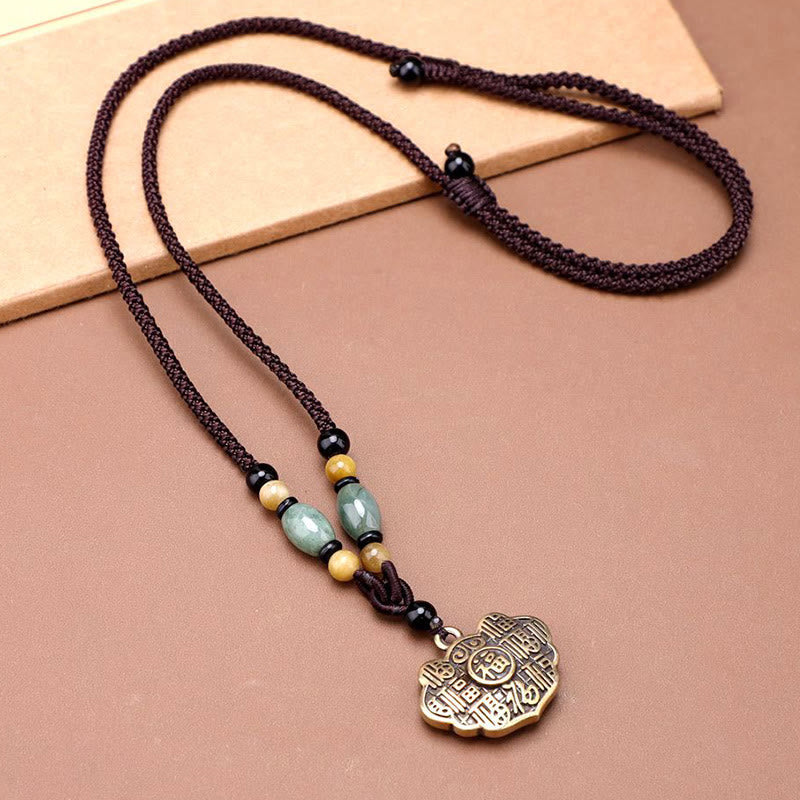 Wear FengShui Copper Brass Fu Character Luck Fortune Rope Necklace Pendant