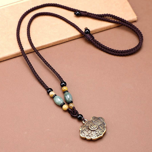 Wear FengShui Copper Brass Fu Character Luck Fortune Rope Necklace Pendant