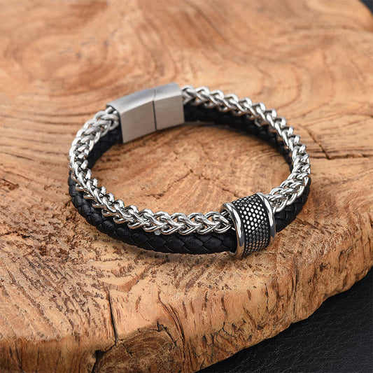 Wear FengShui Leather Double Layer Titanium Steel Balance Magnetic Buckle Bracelet