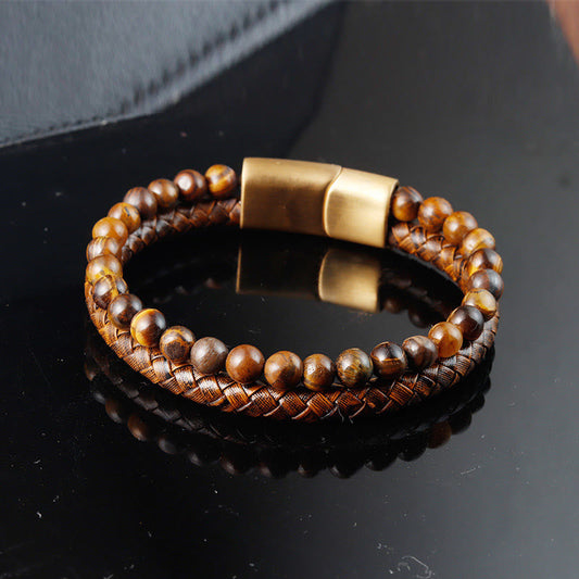 Wear FengShui Multi-layer Woven Tiger Eye Stone Beads Leather Titanium Steel Strength Buckle Bracelet