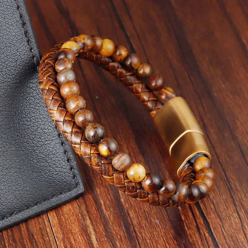 Wear FengShui Multi-layer Woven Tiger Eye Stone Beads Leather Titanium Steel Strength Buckle Bracelet