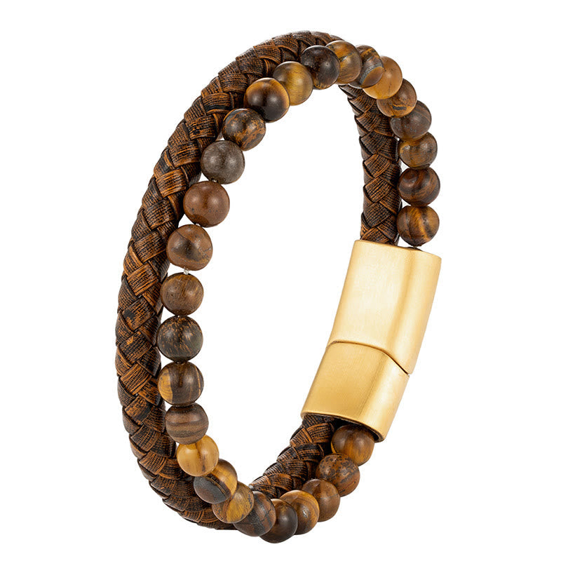 Wear FengShui Multi-layer Woven Tiger Eye Stone Beads Leather Titanium Steel Strength Buckle Bracelet