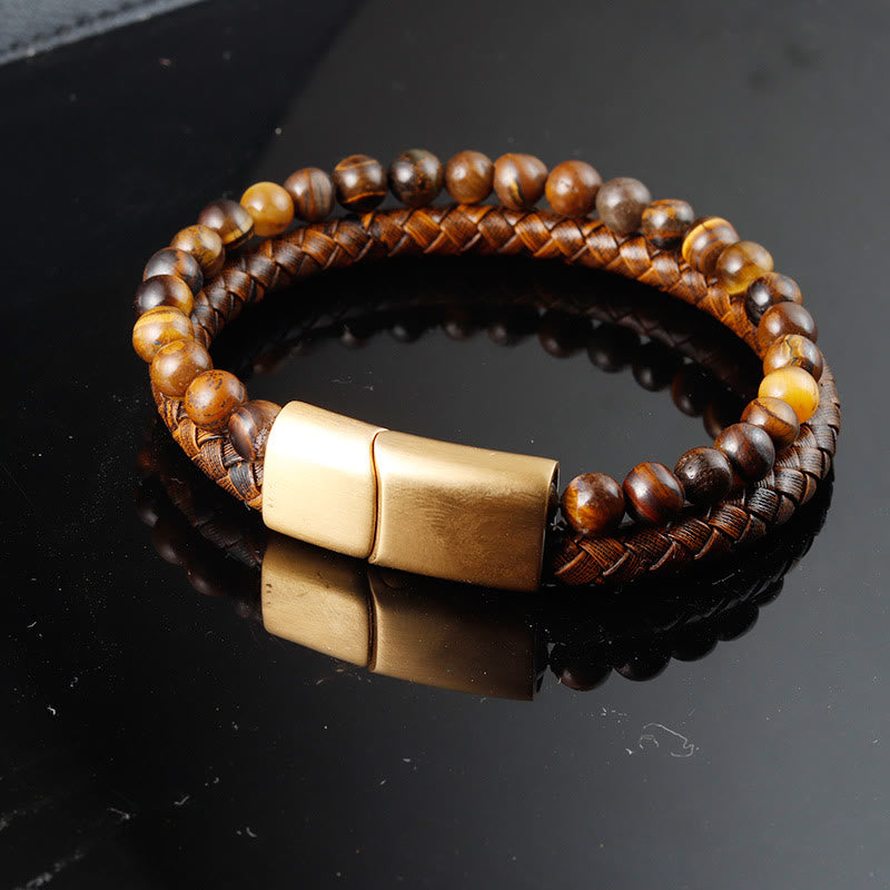 Wear FengShui Multi-layer Woven Tiger Eye Stone Beads Leather Titanium Steel Strength Buckle Bracelet