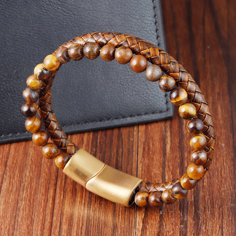 Wear FengShui Multi-layer Woven Tiger Eye Stone Beads Leather Titanium Steel Strength Buckle Bracelet