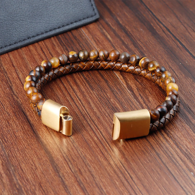 Wear FengShui Multi-layer Woven Tiger Eye Stone Beads Leather Titanium Steel Strength Buckle Bracelet