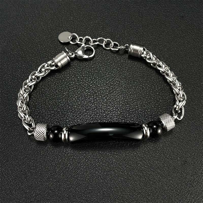 Wear FengShui Tiger Eye Black Obsidian Stone Titanium Steel Strength Buckle Bracelet