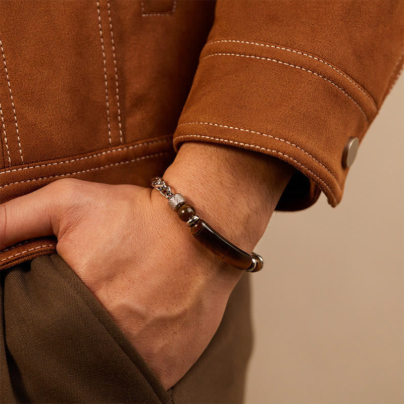 Wear FengShui Tiger Eye Black Obsidian Stone Titanium Steel Strength Buckle Bracelet