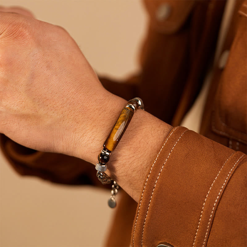 Wear FengShui Tiger Eye Black Obsidian Stone Titanium Steel Strength Buckle Bracelet