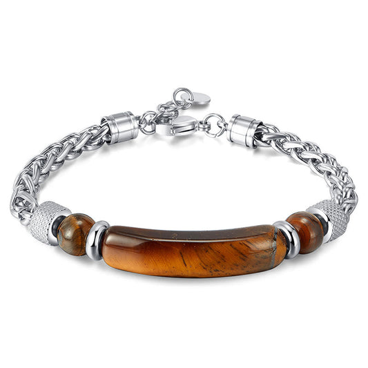 Wear FengShui Tiger Eye Black Obsidian Stone Titanium Steel Strength Buckle Bracelet