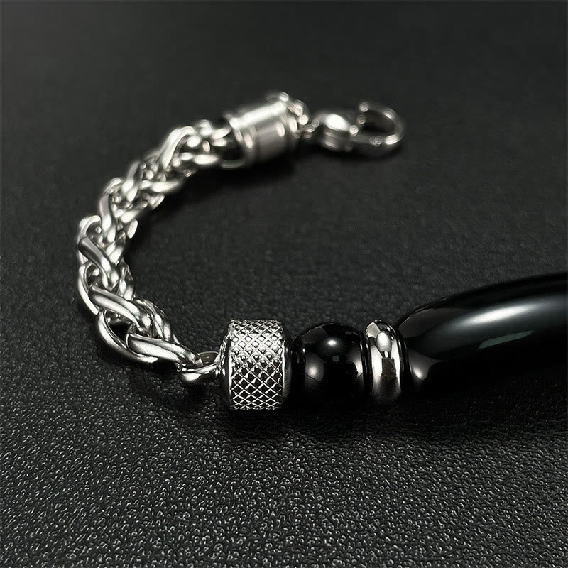 Wear FengShui Tiger Eye Black Obsidian Stone Titanium Steel Strength Buckle Bracelet