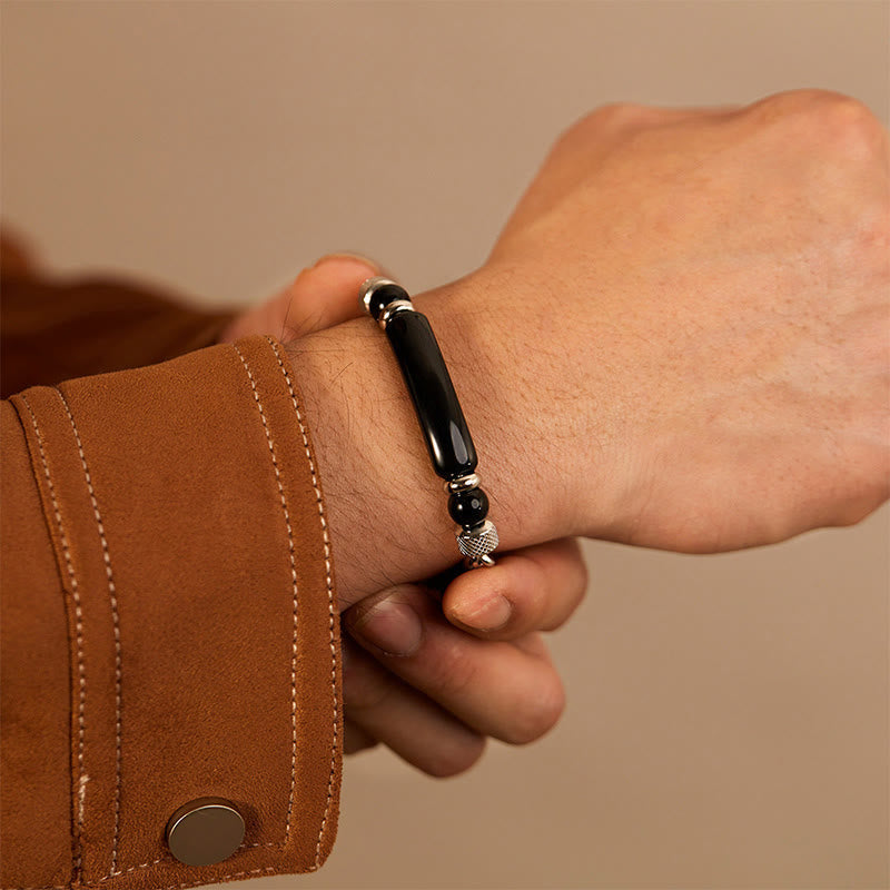 Wear FengShui Tiger Eye Black Obsidian Stone Titanium Steel Strength Buckle Bracelet