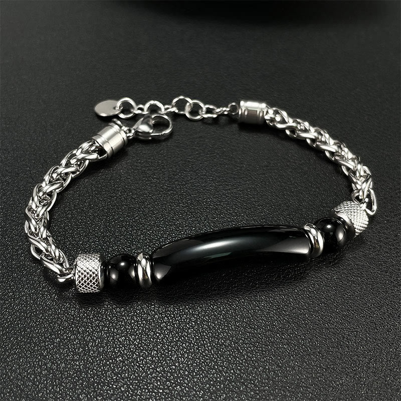 Wear FengShui Tiger Eye Black Obsidian Stone Titanium Steel Strength Buckle Bracelet