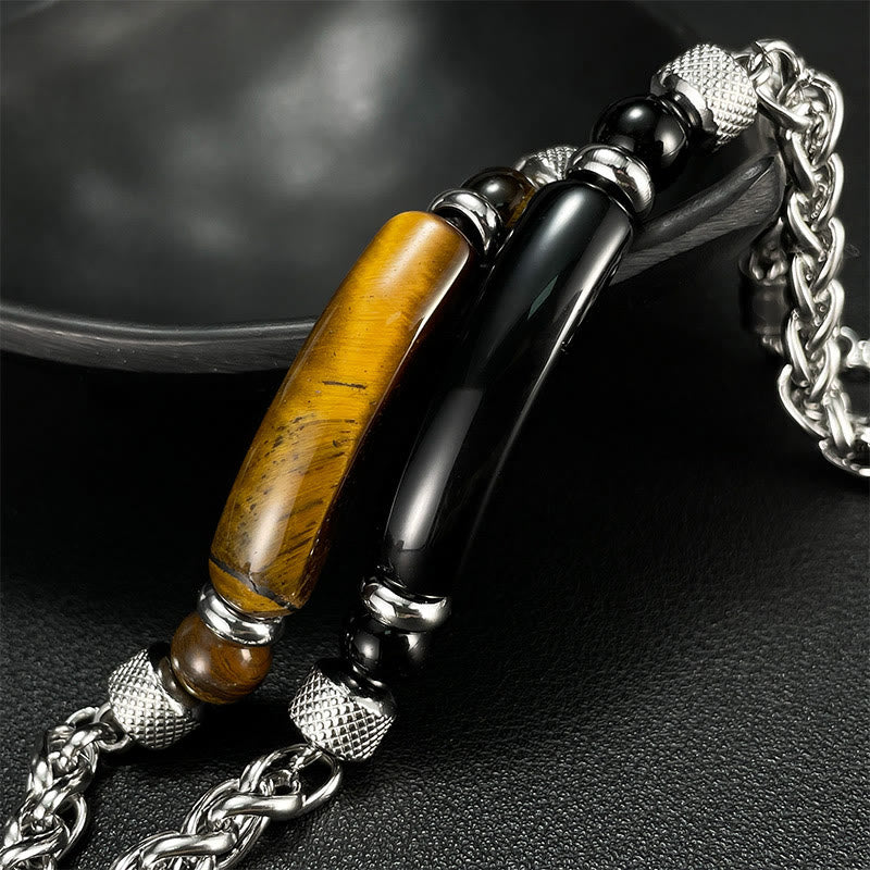 Wear FengShui Tiger Eye Black Obsidian Stone Titanium Steel Strength Buckle Bracelet