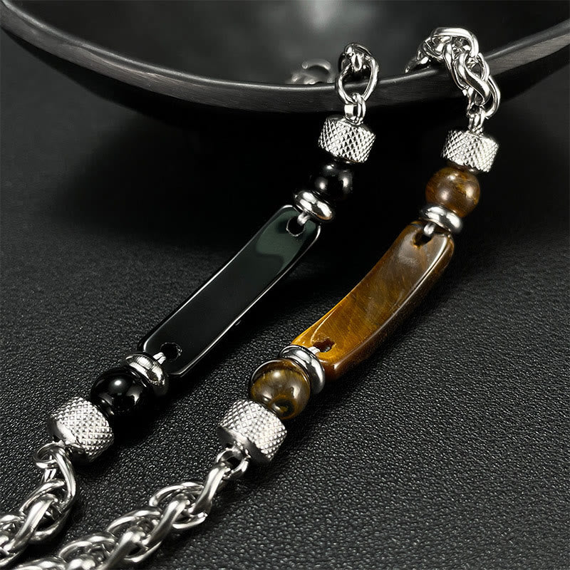 Wear FengShui Tiger Eye Black Obsidian Stone Titanium Steel Strength Buckle Bracelet