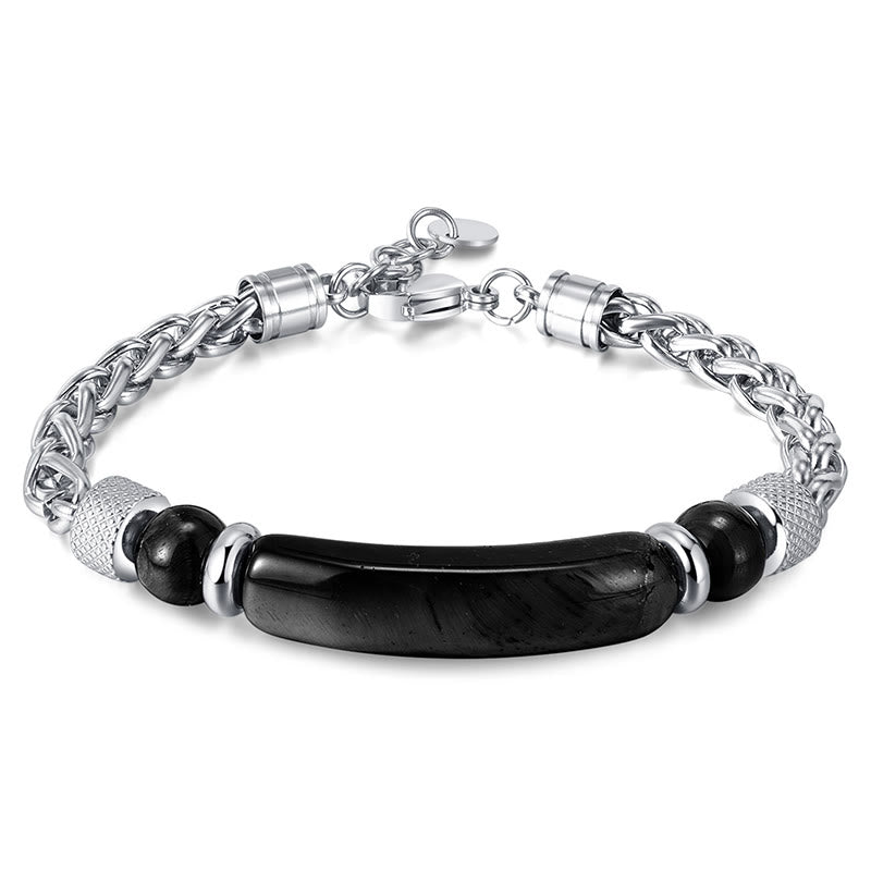 Wear FengShui Tiger Eye Black Obsidian Stone Titanium Steel Strength Buckle Bracelet