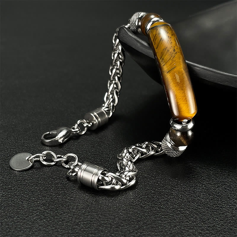 Wear FengShui Tiger Eye Black Obsidian Stone Titanium Steel Strength Buckle Bracelet