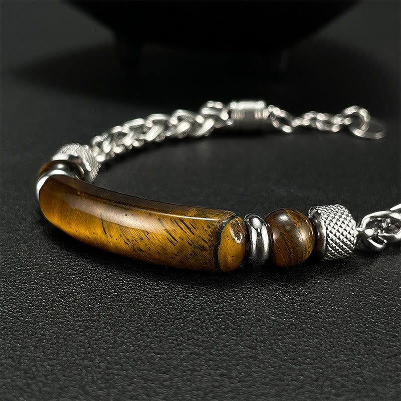 Wear FengShui Tiger Eye Black Obsidian Stone Titanium Steel Strength Buckle Bracelet