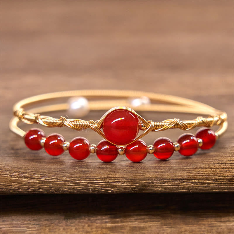 Wear FengShui 14K Gold Filled Copper Natural Red Agate Beads Confidence Metal Cuff Bracelet Bangle
