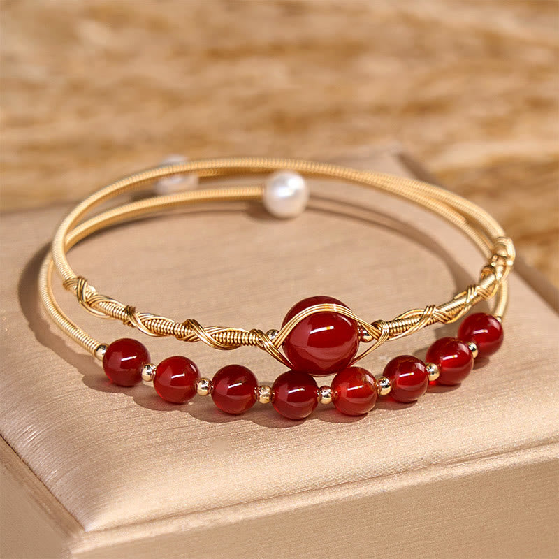 Wear FengShui 14K Gold Filled Copper Natural Red Agate Beads Confidence Metal Cuff Bracelet Bangle