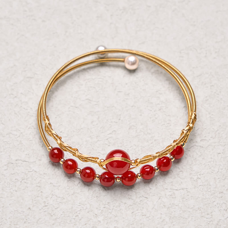 Wear FengShui 14K Gold Filled Copper Natural Red Agate Beads Confidence Metal Cuff Bracelet Bangle