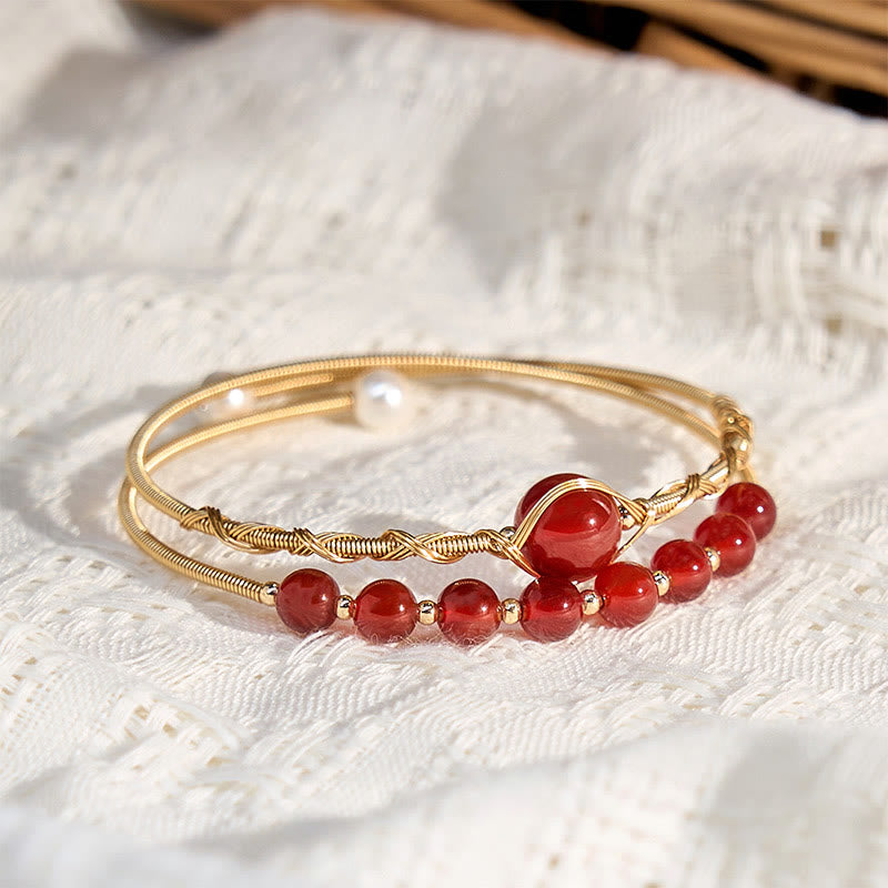 Wear FengShui 14K Gold Filled Copper Natural Red Agate Beads Confidence Metal Cuff Bracelet Bangle