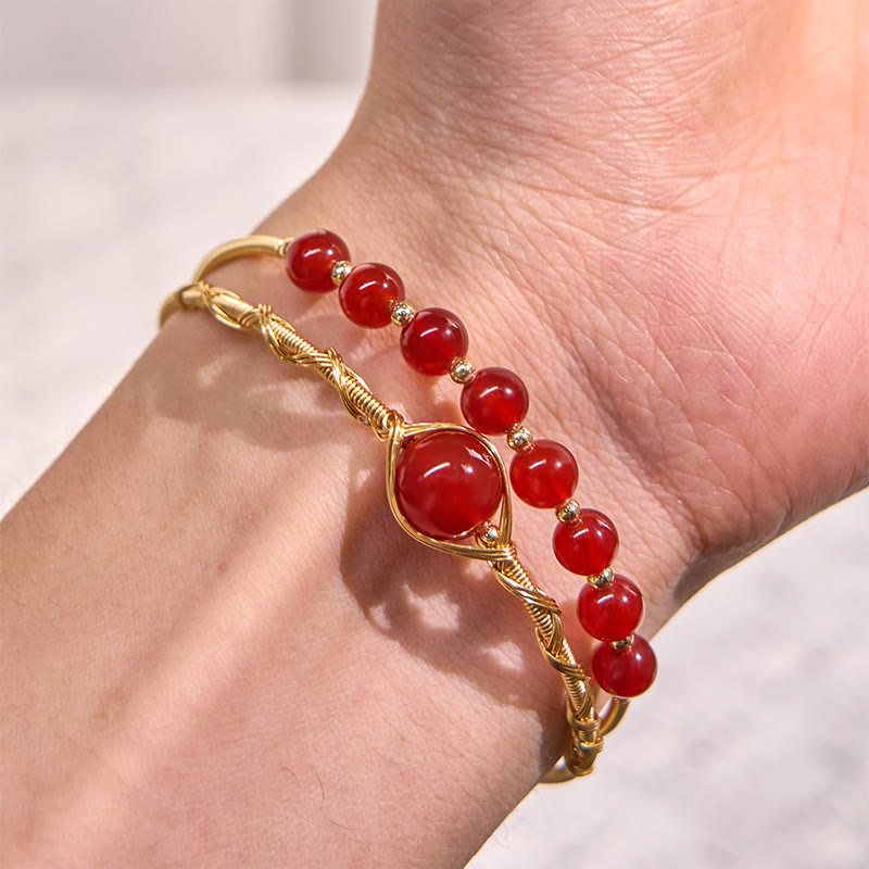 Wear FengShui 14K Gold Filled Copper Natural Red Agate Beads Confidence Metal Cuff Bracelet Bangle