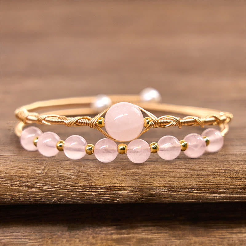 Wear FengShui Natural Rose Quartz Love Healing Metal Cuff Bracelet Bangle
