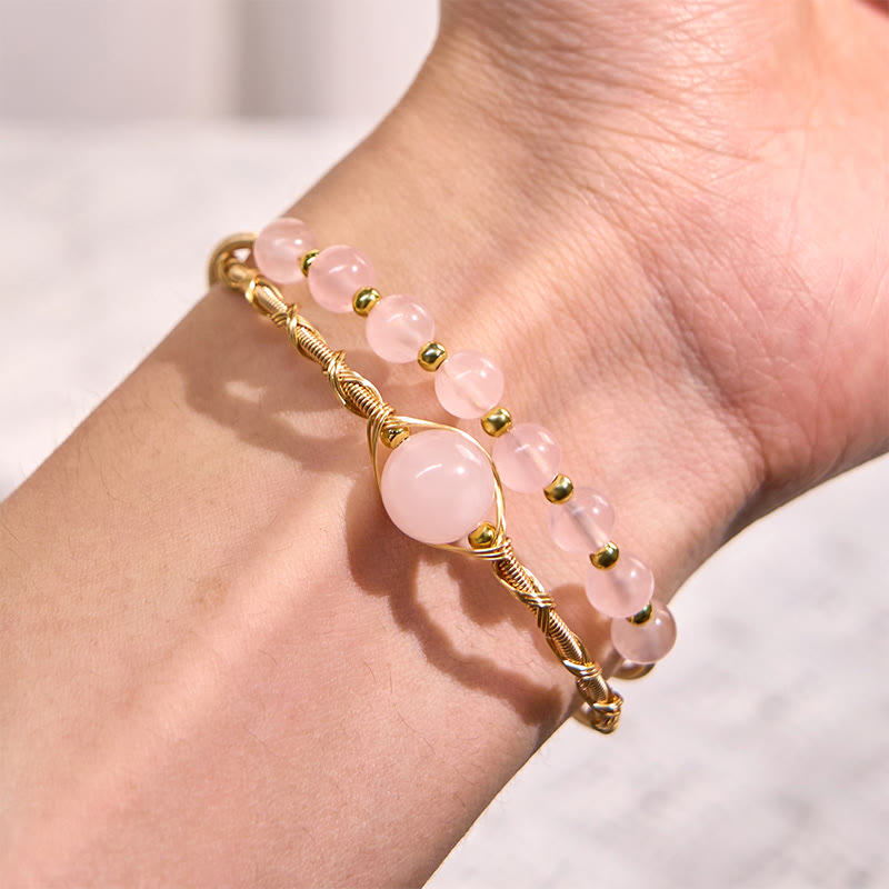 Wear FengShui Natural Rose Quartz Love Healing Metal Cuff Bracelet Bangle