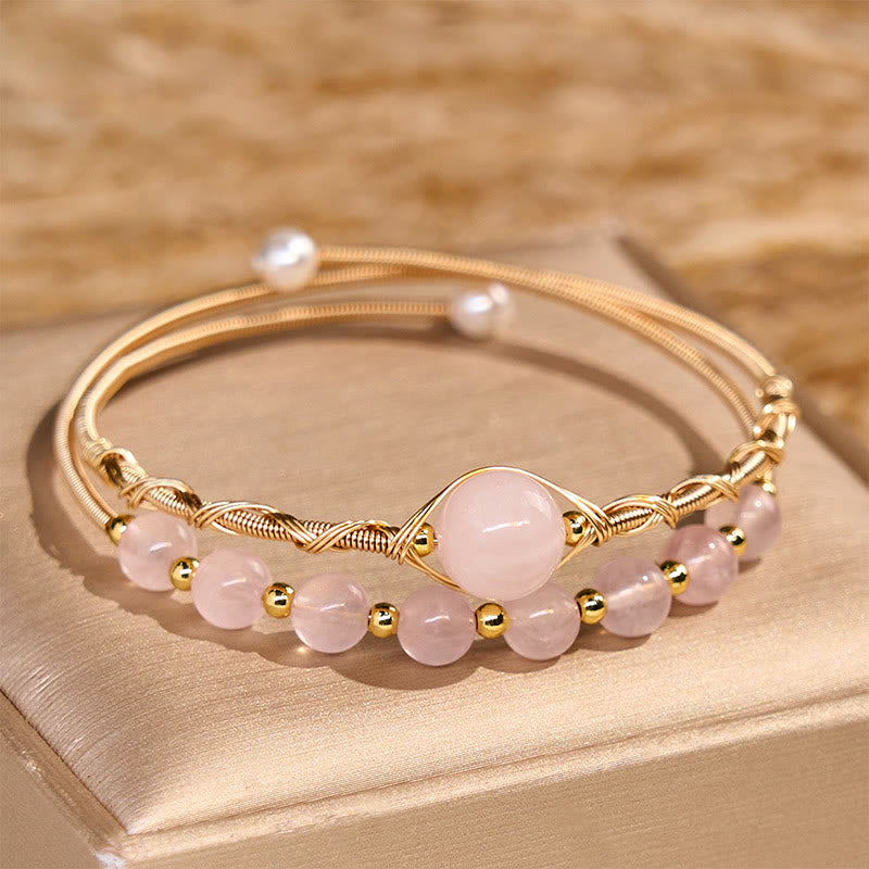 Wear FengShui Natural Rose Quartz Love Healing Metal Cuff Bracelet Bangle