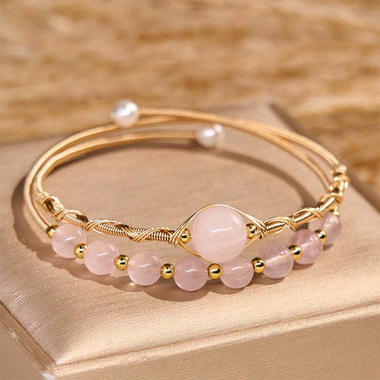 Wear FengShui Natural Rose Quartz Love Healing Metal Cuff Bracelet Bangle