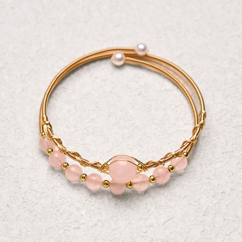 Wear FengShui Natural Rose Quartz Love Healing Metal Cuff Bracelet Bangle