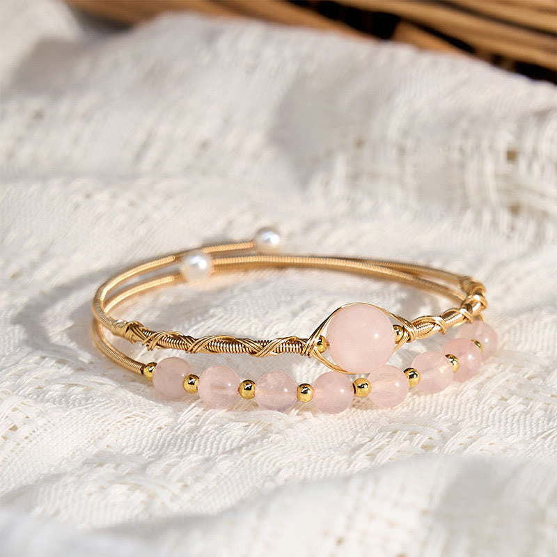 Wear FengShui Natural Rose Quartz Love Healing Metal Cuff Bracelet Bangle