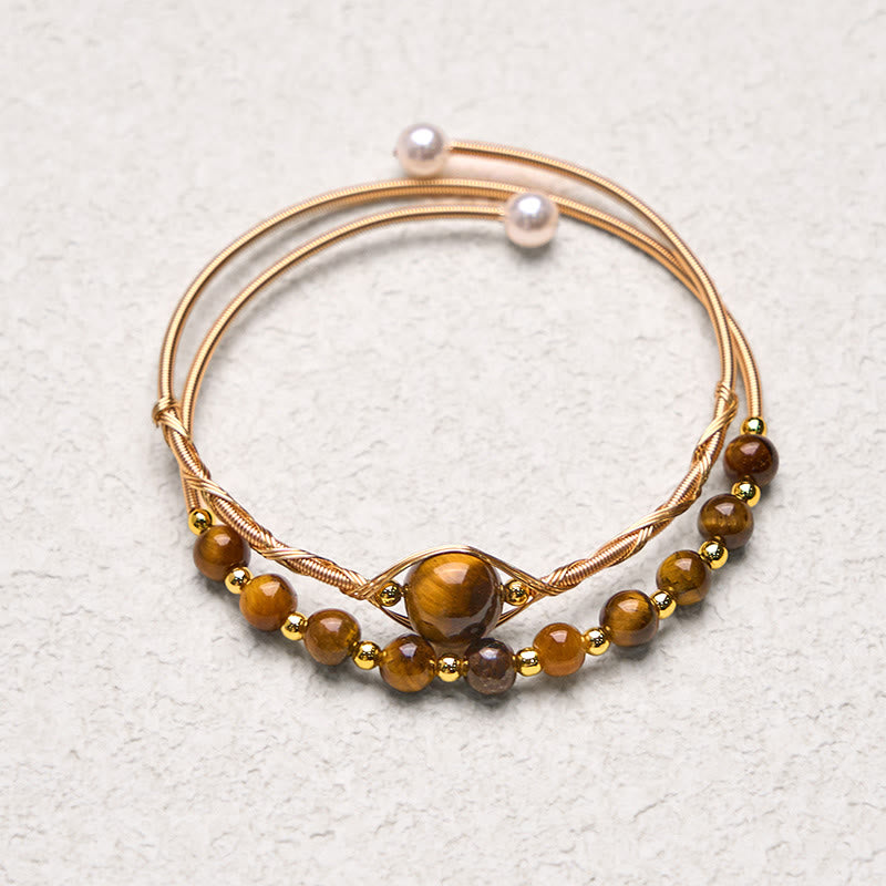 Wear FengShui 14K Gold Filled Copper Natural Tiger Eye Protection Metal Cuff Bracelet Bangle