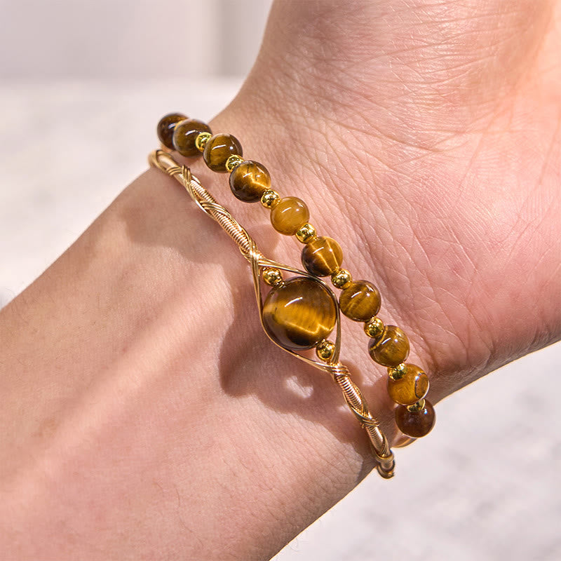 Wear FengShui 14K Gold Filled Copper Natural Tiger Eye Protection Metal Cuff Bracelet Bangle