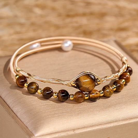 Wear FengShui 14K Gold Filled Copper Natural Tiger Eye Protection Metal Cuff Bracelet Bangle