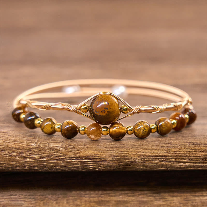 Wear FengShui 14K Gold Filled Copper Natural Tiger Eye Protection Metal Cuff Bracelet Bangle