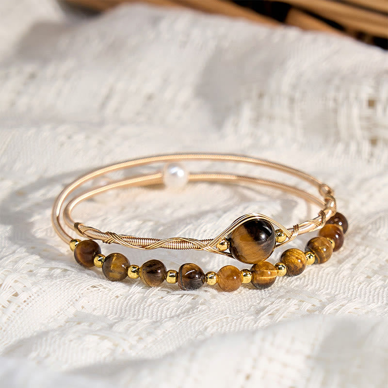 Wear FengShui 14K Gold Filled Copper Natural Tiger Eye Protection Metal Cuff Bracelet Bangle