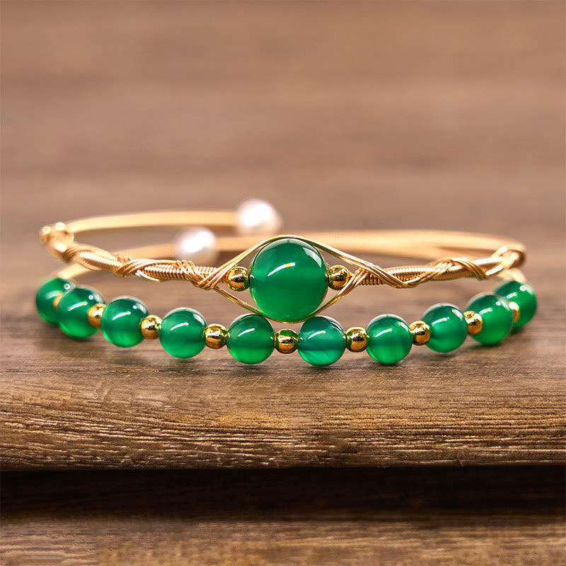 Wear FengShui 14K Gold Filled Copper Natural Green Agate Power Metal Cuff Bracelet Bangle