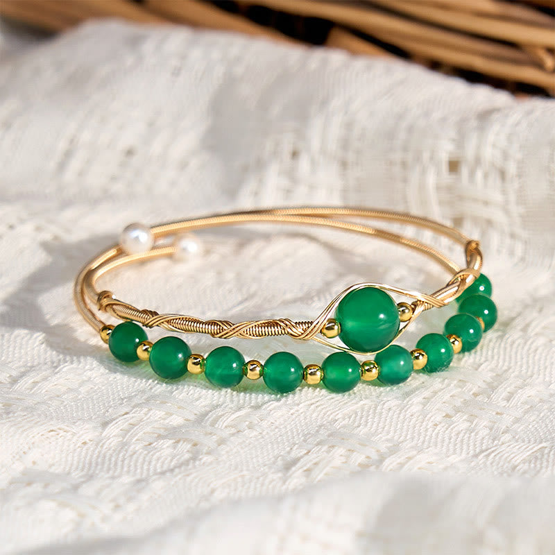 Wear FengShui 14K Gold Filled Copper Natural Green Agate Power Metal Cuff Bracelet Bangle
