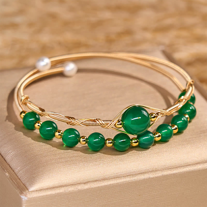 Wear FengShui 14K Gold Filled Copper Natural Green Agate Power Metal Cuff Bracelet Bangle