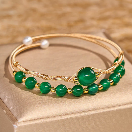 Wear FengShui 14K Gold Filled Copper Natural Green Agate Power Metal Cuff Bracelet Bangle