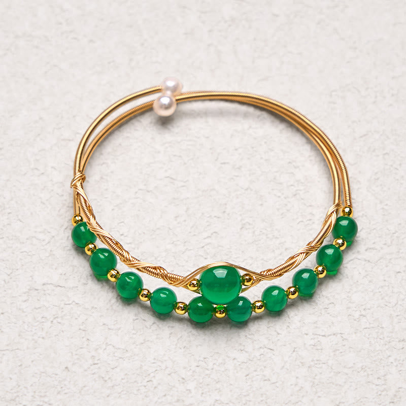 Wear FengShui 14K Gold Filled Copper Natural Green Agate Power Metal Cuff Bracelet Bangle