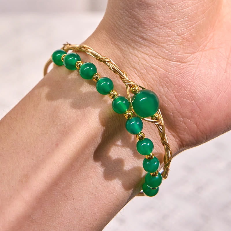 Wear FengShui 14K Gold Filled Copper Natural Green Agate Power Metal Cuff Bracelet Bangle