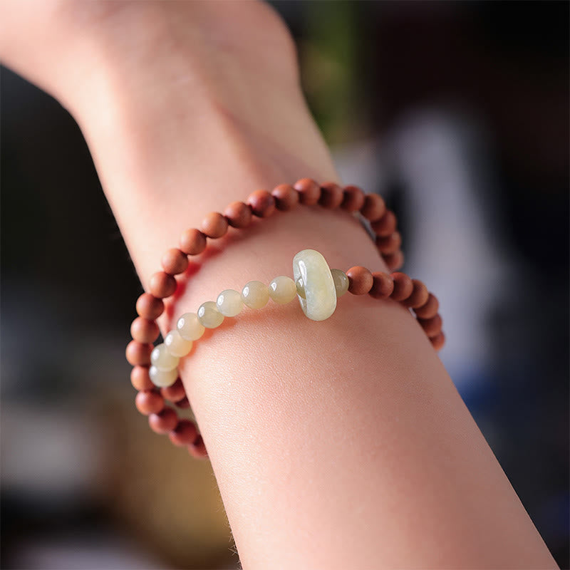 Wear FengShui Sandalwood Hetian Jade Protection Double Wrap Bracelet