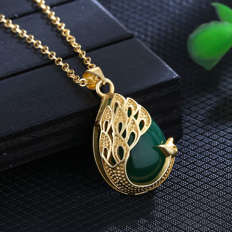 Wear FengShui Pink Crystal Green Chalcedony Peacock Copper Soothing Love Necklace Pendant