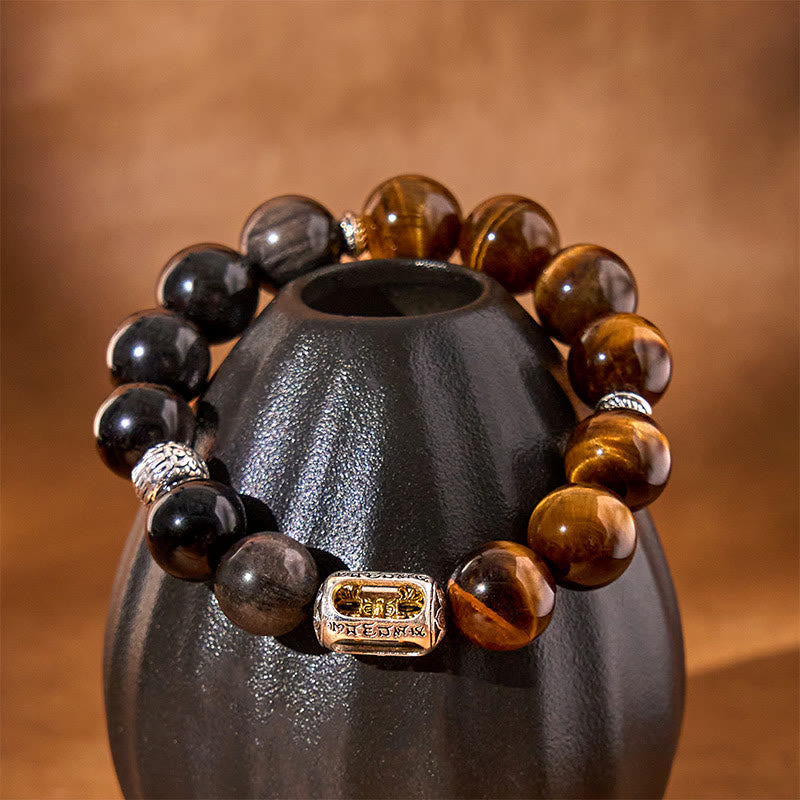 Wear FengShui Natural Silver Sheen Obsidian Tiger Eye Vajra Protection Bracelet