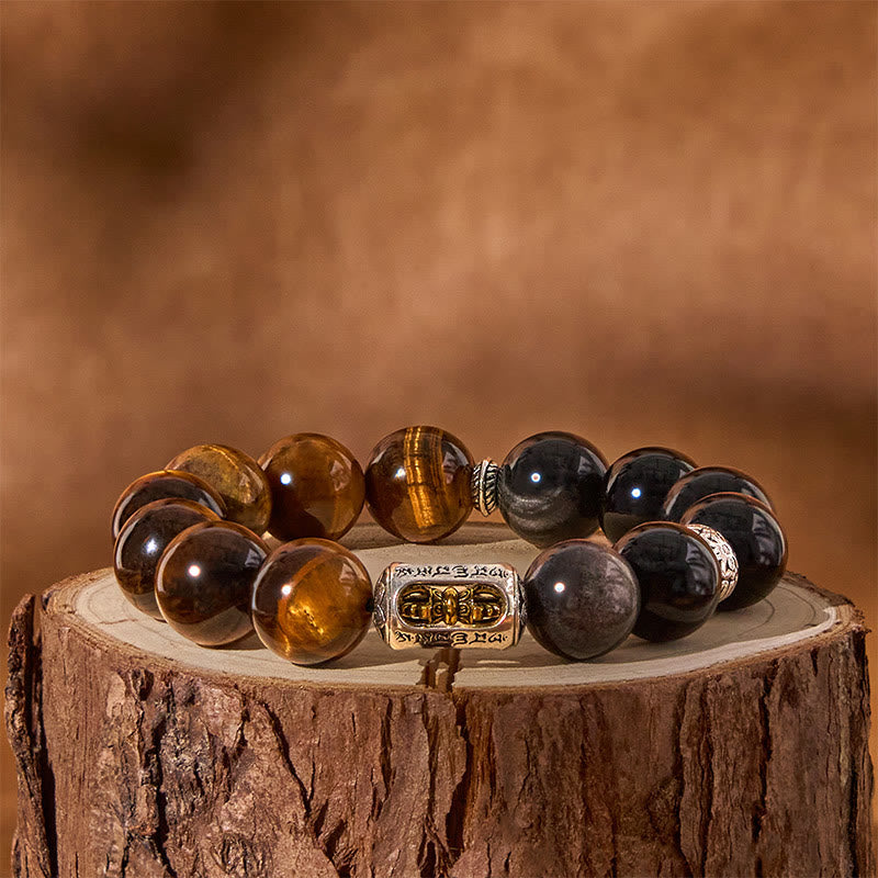 Wear FengShui Natural Silver Sheen Obsidian Tiger Eye Vajra Protection Bracelet