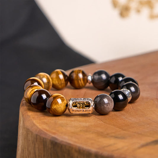 Wear FengShui Natural Silver Sheen Obsidian Tiger Eye Vajra Protection Bracelet