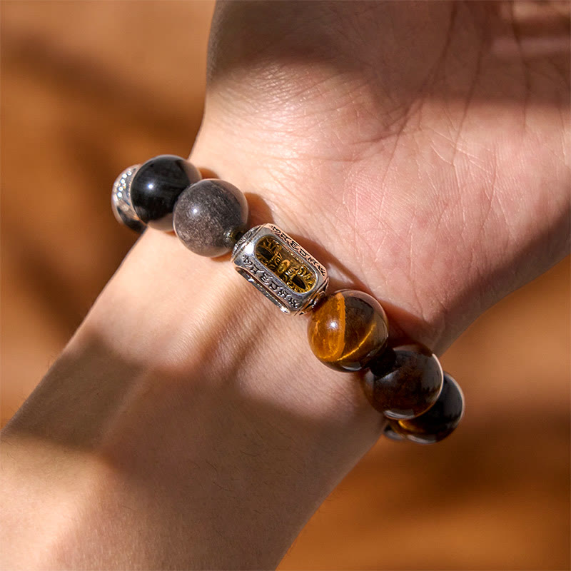 Wear FengShui Natural Silver Sheen Obsidian Tiger Eye Vajra Protection Bracelet